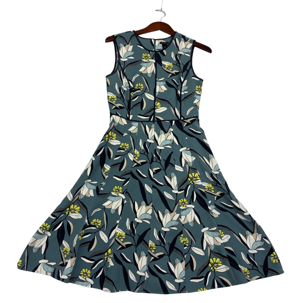 Ann Taylor Factory Womens Size 2 Floral Fit Flare Midi Dress Teal Sleeveless